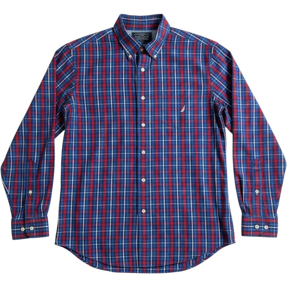 Nautica Button Down Shirt Blue XL Mens Plaid Long Sleeve Pocket Cotton